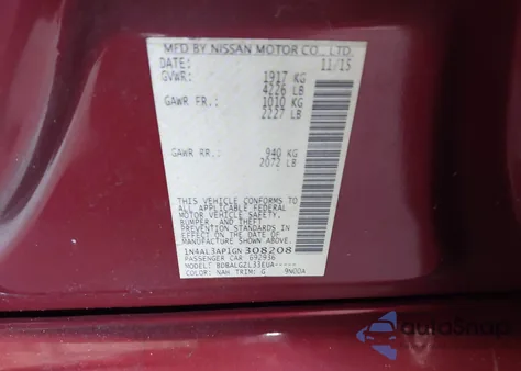 2016 Nissan Altima 2.5/2.5 S/2.5 Sl/2.5 Sr/2.5 Sv из США, поврежденный, VIN 1N4AL3AP1GN308208